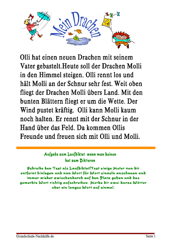 Arbeitsblatt Nachhilfe Deutsch Klasse 2 Laufdiktat „Mein Drachen